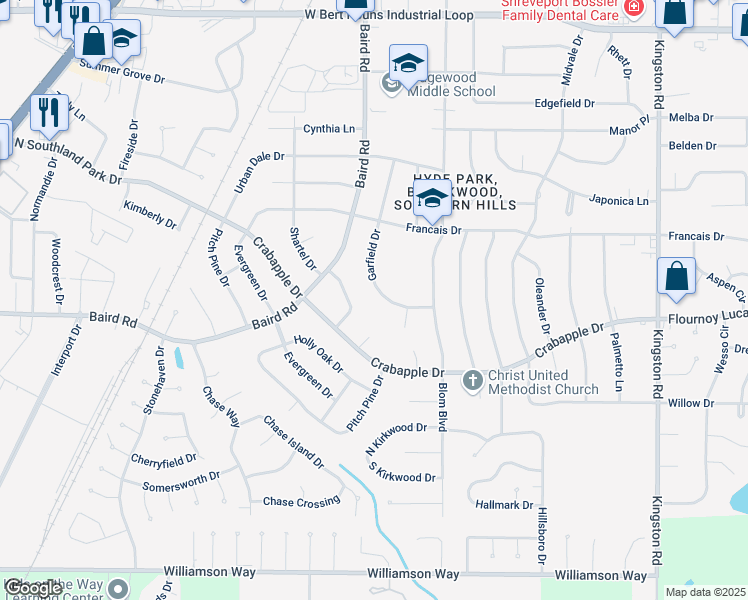 map of restaurants, bars, coffee shops, grocery stores, and more near 9472 Garfield Drive in Shreveport