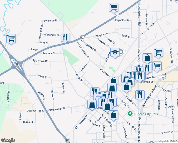 map of restaurants, bars, coffee shops, grocery stores, and more near 331 North Longview Street in Kilgore