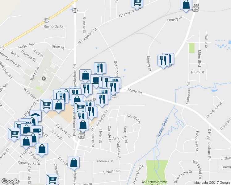 map of restaurants, bars, coffee shops, grocery stores, and more near 1233 North Kilgore Street in Kilgore