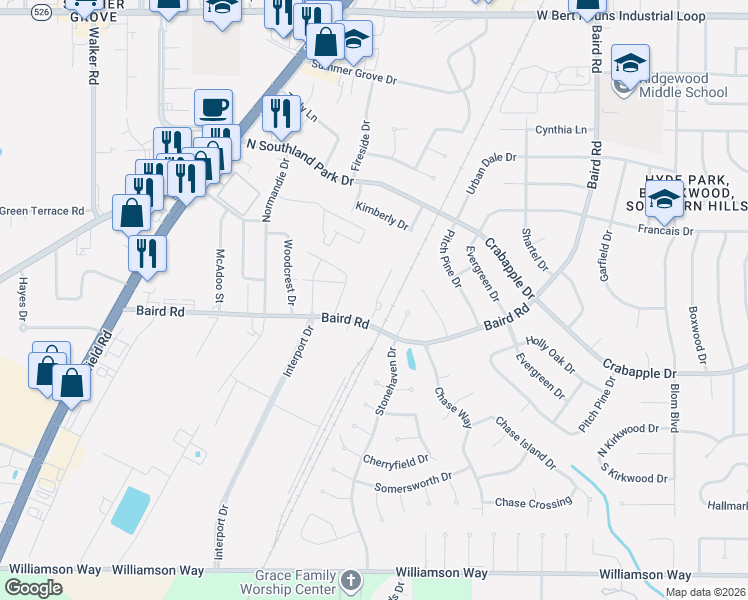map of restaurants, bars, coffee shops, grocery stores, and more near 9702 Baird Road in Shreveport