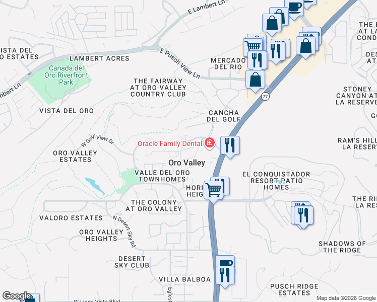map of restaurants, bars, coffee shops, grocery stores, and more near 31 West Valle Place in Tucson