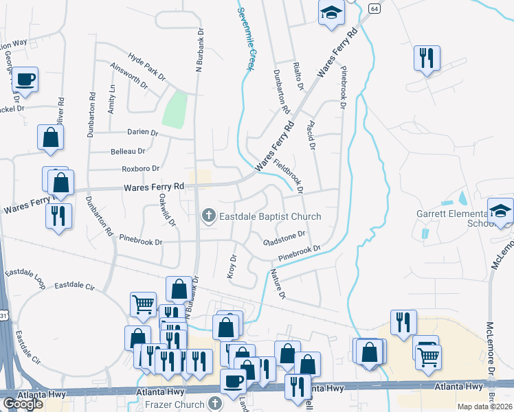 map of restaurants, bars, coffee shops, grocery stores, and more near 465 Mulligan Drive in Montgomery
