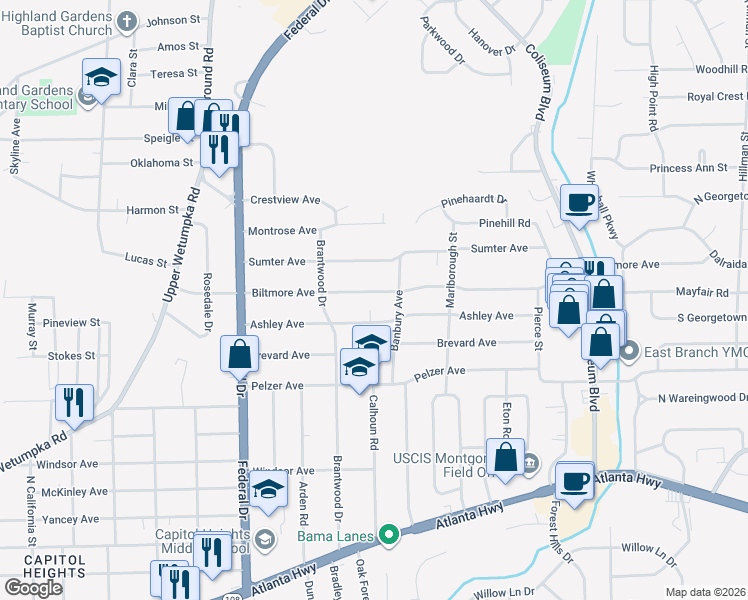 map of restaurants, bars, coffee shops, grocery stores, and more near 2851 Biltmore Avenue in Montgomery