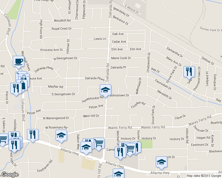 map of restaurants, bars, coffee shops, grocery stores, and more near 520 Dalraida Road in Montgomery
