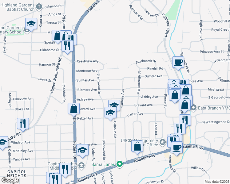 map of restaurants, bars, coffee shops, grocery stores, and more near 2851 Biltmore Avenue in Montgomery