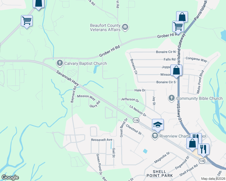 map of restaurants, bars, coffee shops, grocery stores, and more near 72 Cleveland Drive in Beaufort