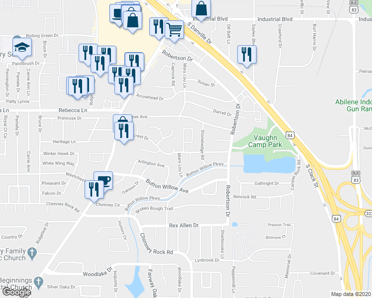 map of restaurants, bars, coffee shops, grocery stores, and more near 2742 Stonecrest Drive in Abilene