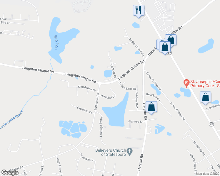 map of restaurants, bars, coffee shops, grocery stores, and more near 198 Herschel Drive in Statesboro
