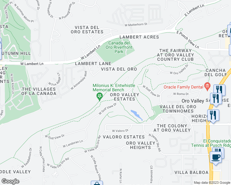 map of restaurants, bars, coffee shops, grocery stores, and more near 525 West Orango Place in Tucson