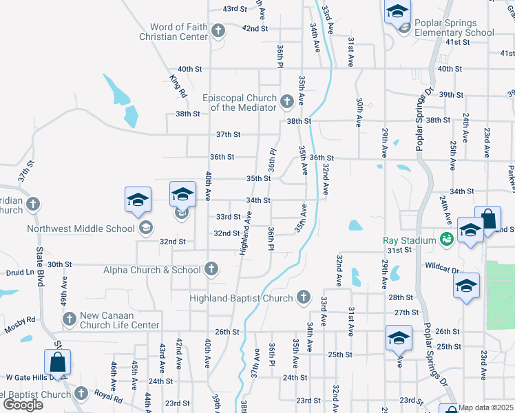 map of restaurants, bars, coffee shops, grocery stores, and more near 3407 Highland Avenue in Meridian