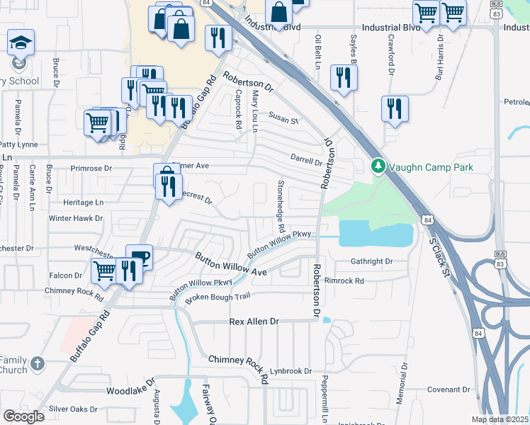 map of restaurants, bars, coffee shops, grocery stores, and more near 2726 Stonecrest Drive in Abilene