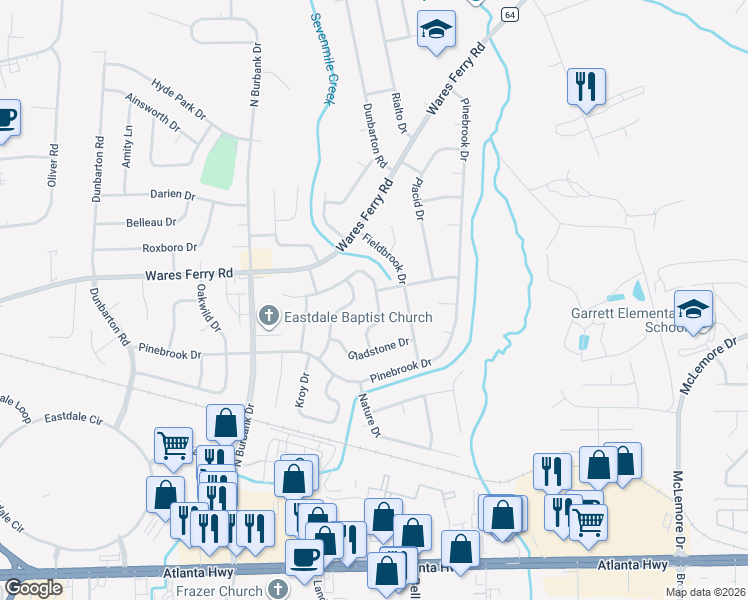 map of restaurants, bars, coffee shops, grocery stores, and more near 6163 Hinchcliff Road in Montgomery