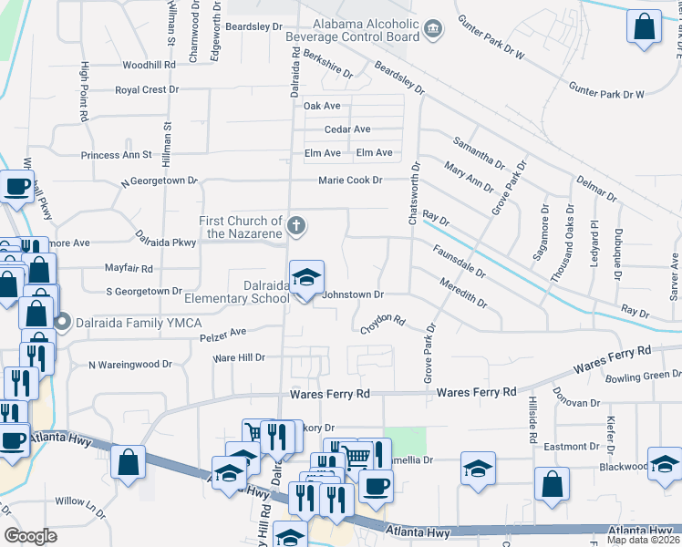 map of restaurants, bars, coffee shops, grocery stores, and more near 517-599 Pinetree Lane in Montgomery
