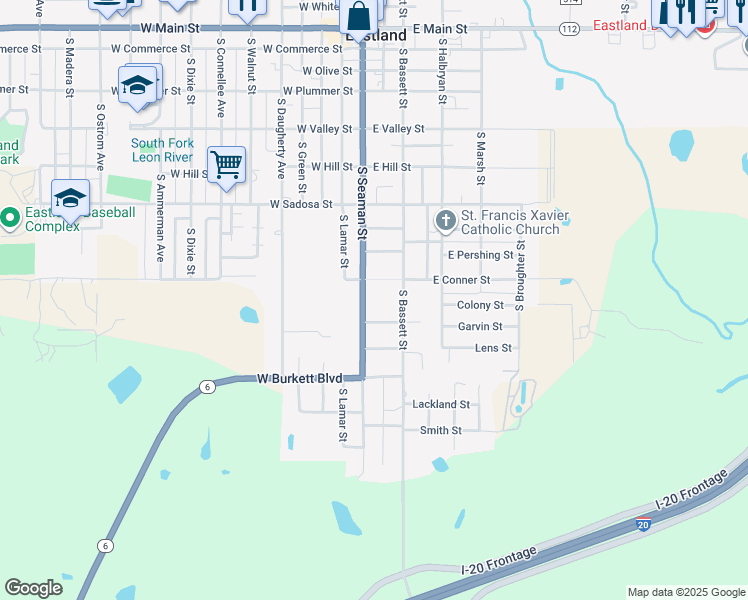 map of restaurants, bars, coffee shops, grocery stores, and more near 111 East Conner Street in Eastland