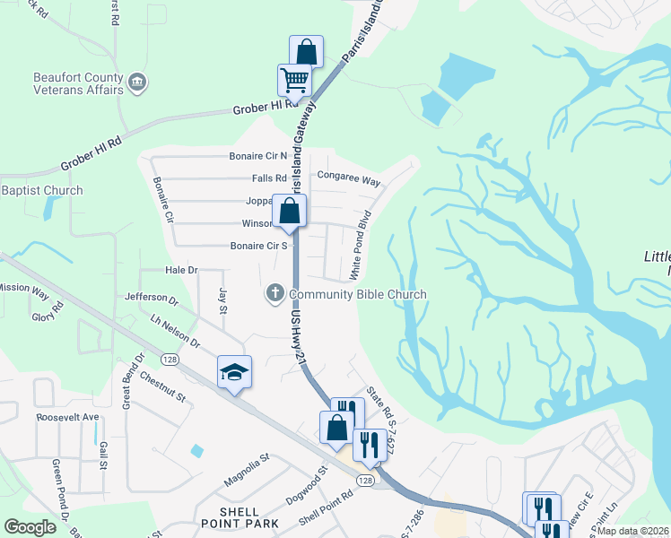 map of restaurants, bars, coffee shops, grocery stores, and more near 14 Wateree Court in Beaufort