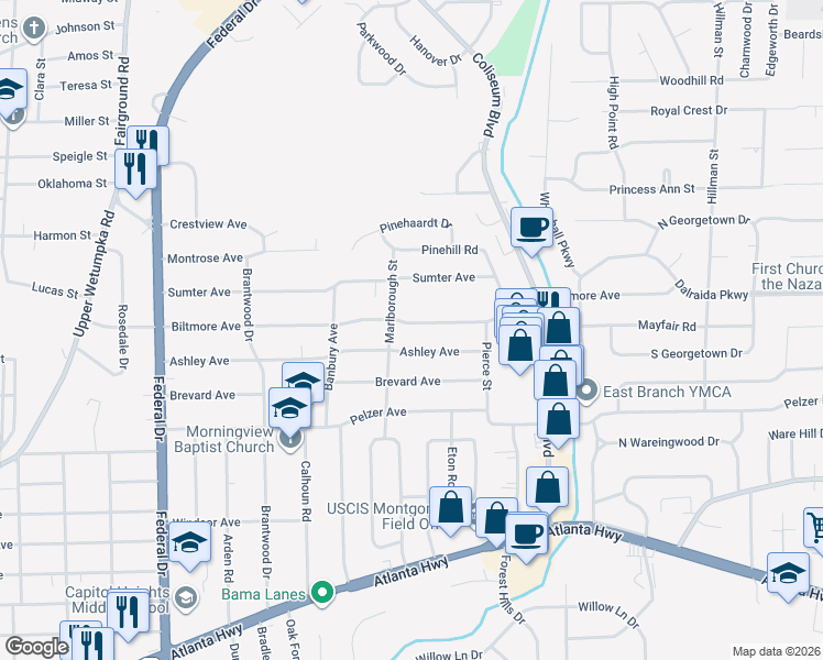 map of restaurants, bars, coffee shops, grocery stores, and more near 3008 Biltmore Avenue in Montgomery