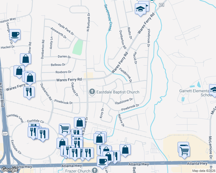 map of restaurants, bars, coffee shops, grocery stores, and more near 6108 Hinchcliff Road in Montgomery