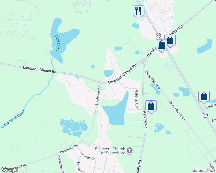 map of restaurants, bars, coffee shops, grocery stores, and more near 55 Pinewood Drive in Statesboro