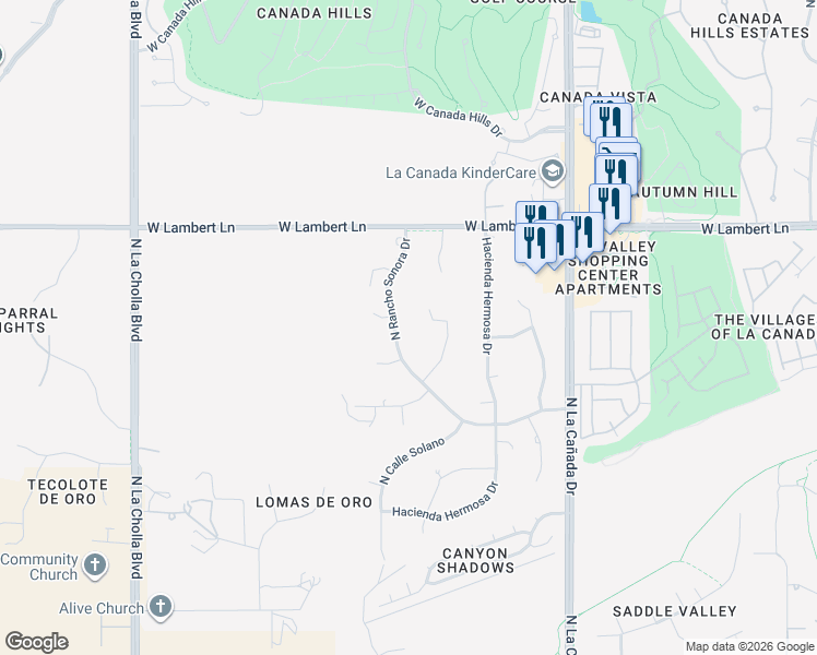 map of restaurants, bars, coffee shops, grocery stores, and more near 1608 Placito Montuoso in Tucson