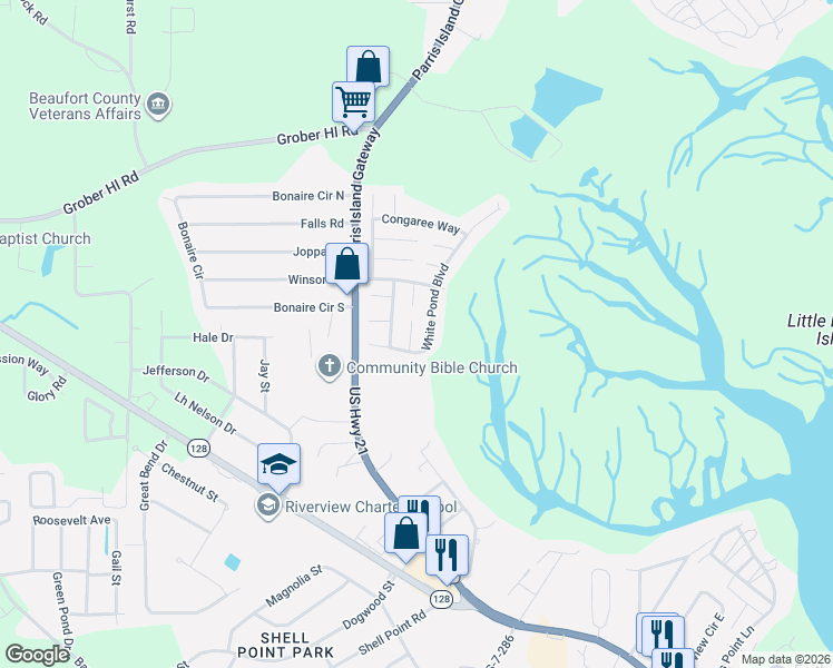 map of restaurants, bars, coffee shops, grocery stores, and more near 14 Wateree Court in Beaufort