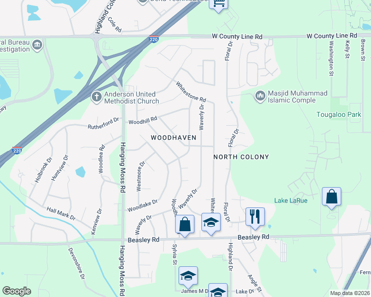 map of restaurants, bars, coffee shops, grocery stores, and more near 536 Woodson Drive in Jackson