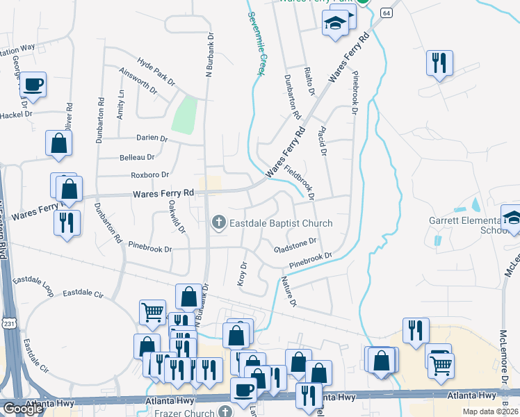 map of restaurants, bars, coffee shops, grocery stores, and more near 465 Mulligan Drive in Montgomery