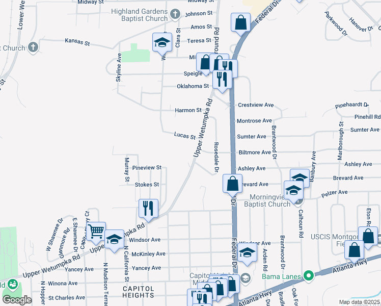 map of restaurants, bars, coffee shops, grocery stores, and more near 2201 Upper Wetumpka Road in Montgomery