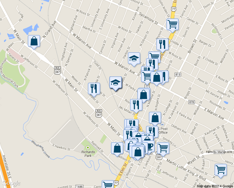 map of restaurants, bars, coffee shops, grocery stores, and more near 608 Royal St in Waxahachie