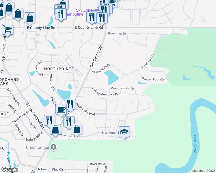 map of restaurants, bars, coffee shops, grocery stores, and more near 231 Meadowoods Drive in Jackson