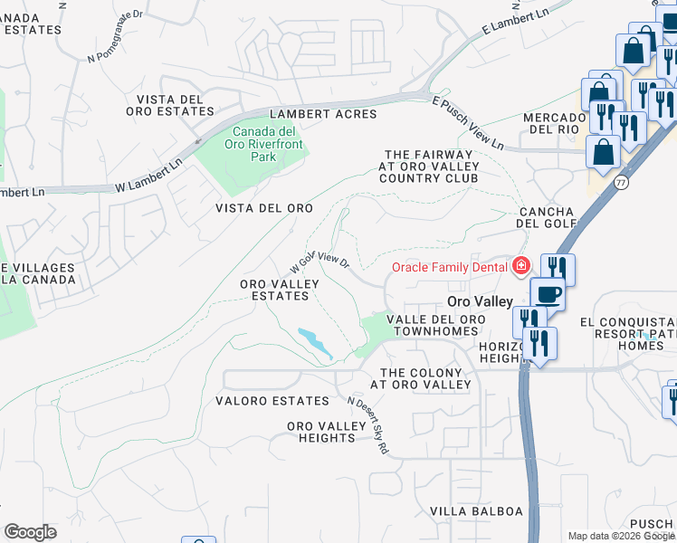 map of restaurants, bars, coffee shops, grocery stores, and more near 330 West Golf View Drive in Tucson