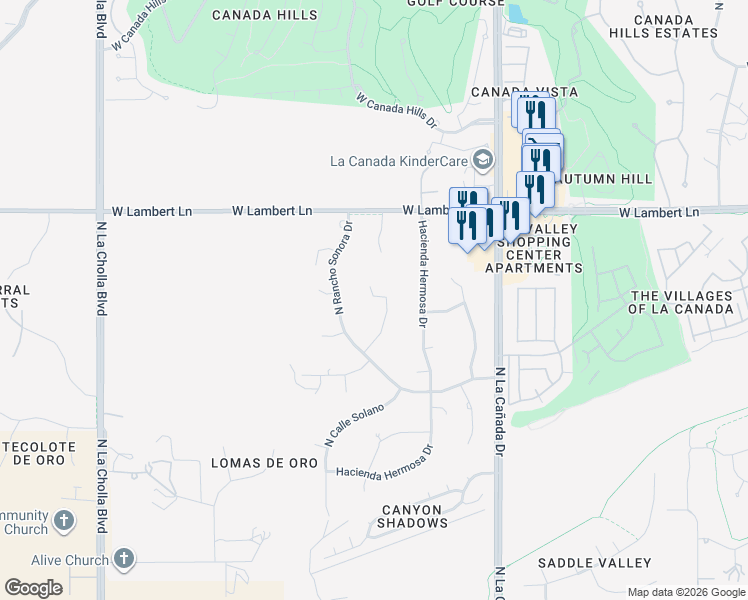 map of restaurants, bars, coffee shops, grocery stores, and more near 1608 Placita Montuoso in Tucson