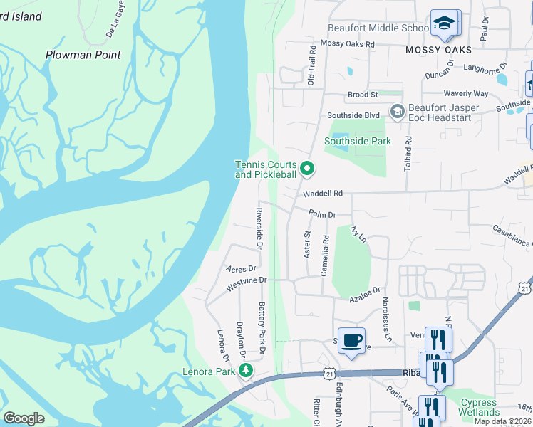 map of restaurants, bars, coffee shops, grocery stores, and more near 1501 Riverside Drive in Beaufort