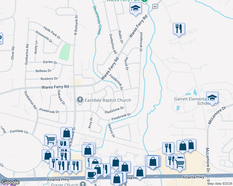 map of restaurants, bars, coffee shops, grocery stores, and more near 6163 Hinchcliff Road in Montgomery