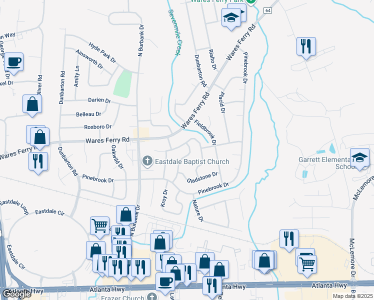 map of restaurants, bars, coffee shops, grocery stores, and more near 465 Mulligan Drive in Montgomery