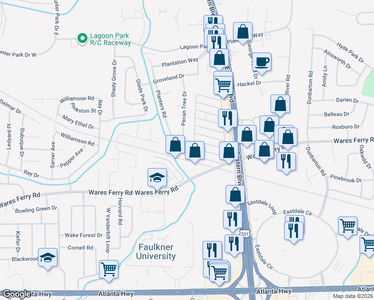map of restaurants, bars, coffee shops, grocery stores, and more near 316 Pecan Tree Drive in Montgomery