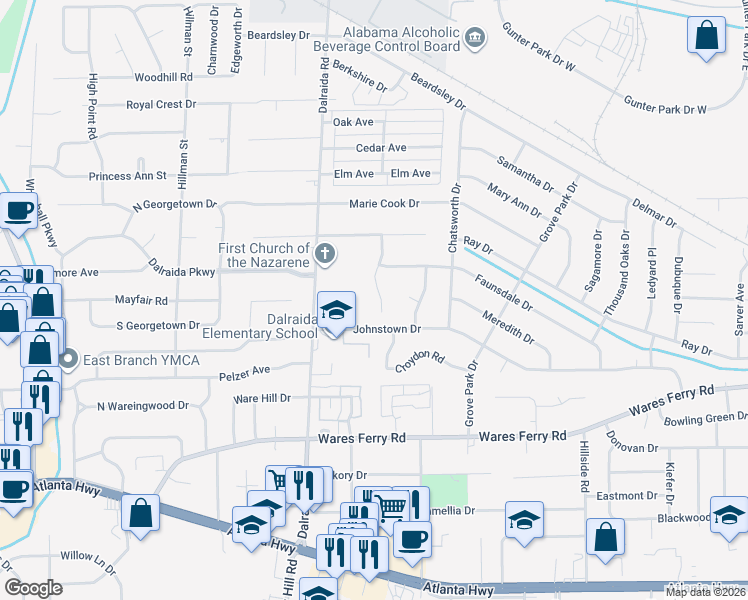 map of restaurants, bars, coffee shops, grocery stores, and more near 517-599 Pinetree Lane in Montgomery