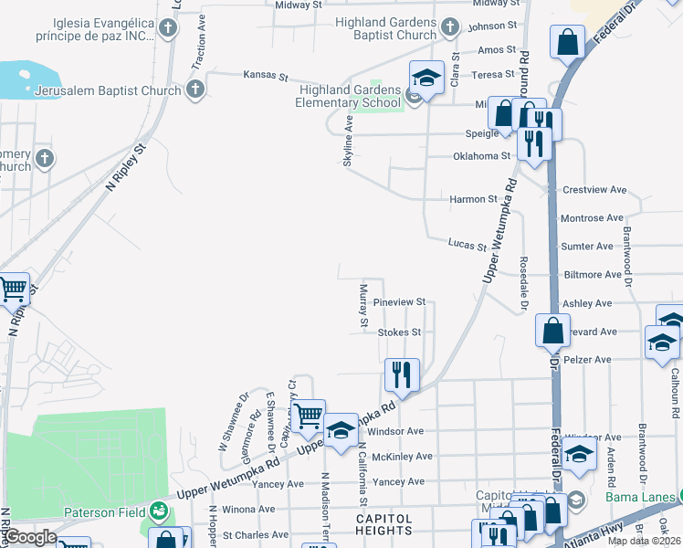 map of restaurants, bars, coffee shops, grocery stores, and more near 1007 Potts Court in Montgomery