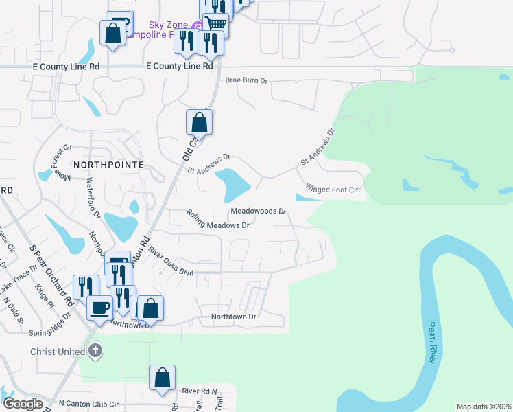 map of restaurants, bars, coffee shops, grocery stores, and more near 110 Hoylake Drive in Jackson