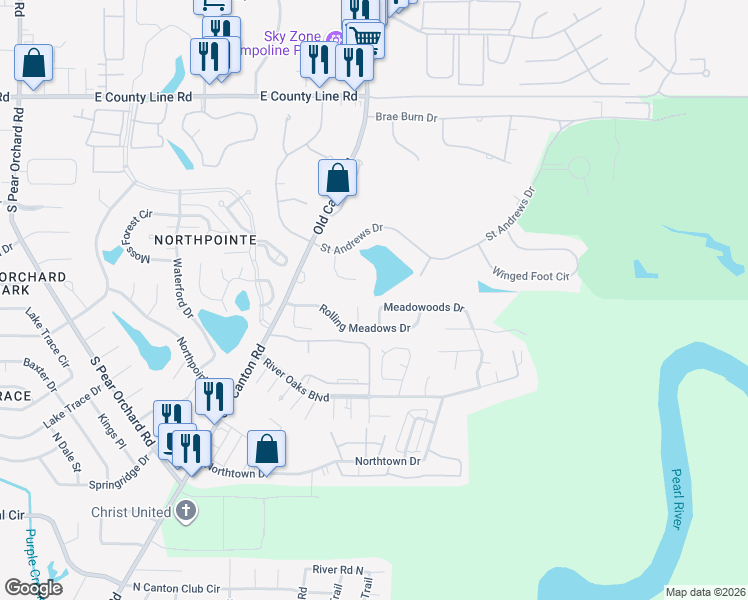 map of restaurants, bars, coffee shops, grocery stores, and more near 231 Meadowoods Drive in Jackson