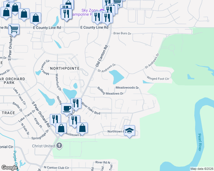 map of restaurants, bars, coffee shops, grocery stores, and more near 131 Royal Lytham in Jackson