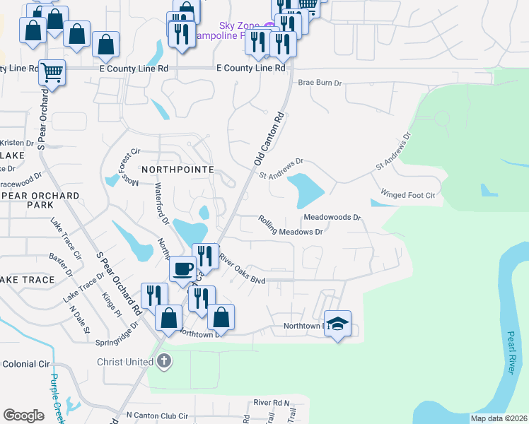 map of restaurants, bars, coffee shops, grocery stores, and more near 40 Winterfield Drive in Jackson