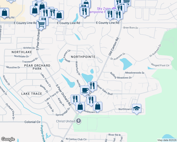 map of restaurants, bars, coffee shops, grocery stores, and more near 17 Autumn Hill Drive in Jackson