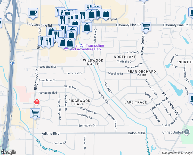 map of restaurants, bars, coffee shops, grocery stores, and more near 6133 Ferncreek Drive in Jackson