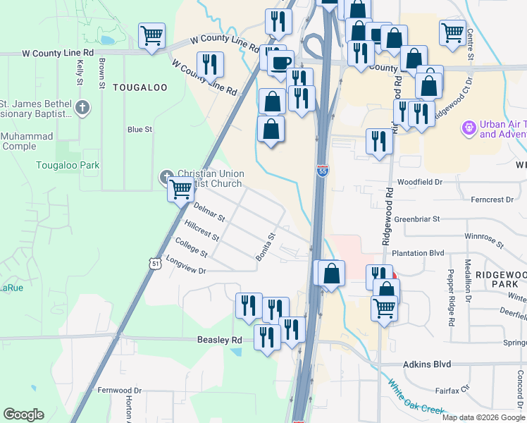 map of restaurants, bars, coffee shops, grocery stores, and more near 261 White Oak Ct in Tougaloo