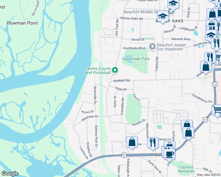 map of restaurants, bars, coffee shops, grocery stores, and more near 2903 Riverside Drive in Beaufort