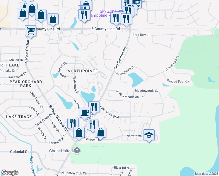 map of restaurants, bars, coffee shops, grocery stores, and more near 100 Rolling Meadows Drive in Jackson