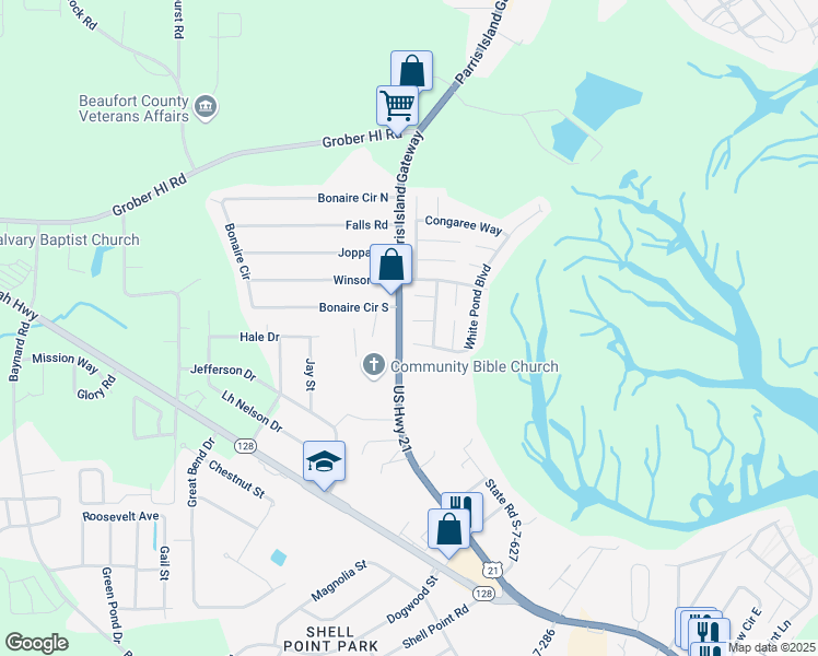 map of restaurants, bars, coffee shops, grocery stores, and more near 7 Hornsborough Court in Beaufort