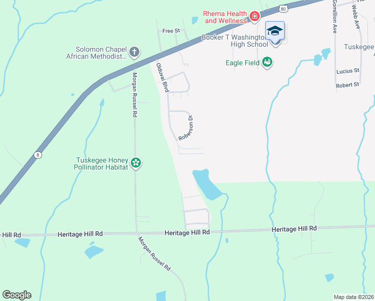 map of restaurants, bars, coffee shops, grocery stores, and more near 4108 Joshua Lane in Tuskegee
