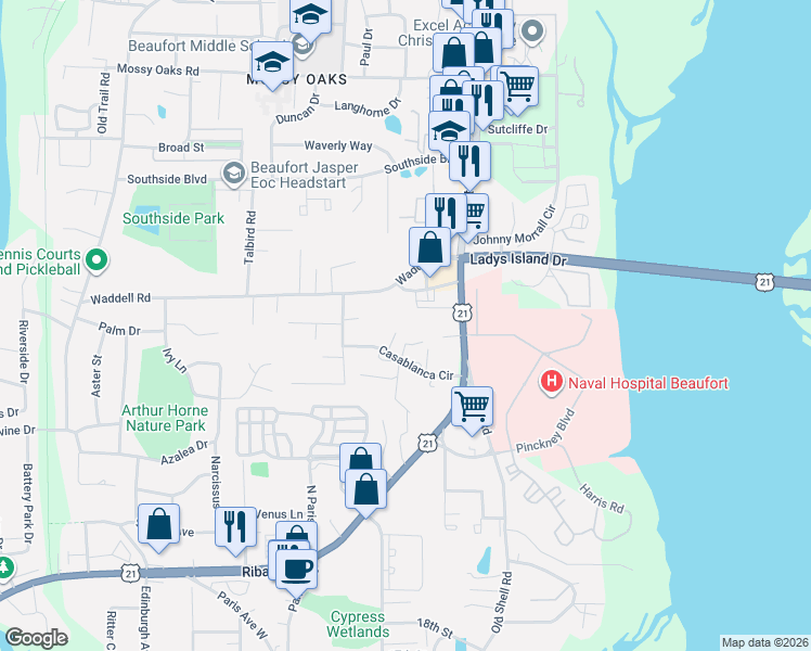 map of restaurants, bars, coffee shops, grocery stores, and more near 2214 State Road S-7-233 in Port Royal