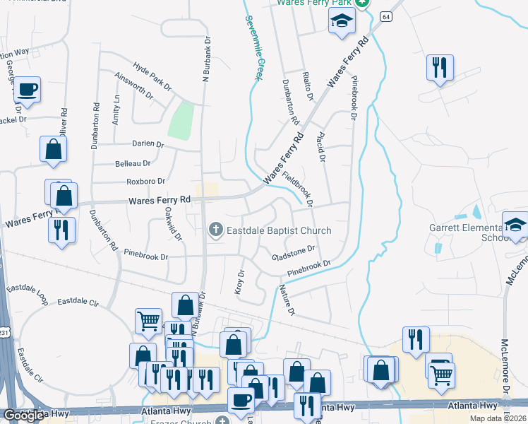 map of restaurants, bars, coffee shops, grocery stores, and more near 465 Mulligan Drive in Montgomery